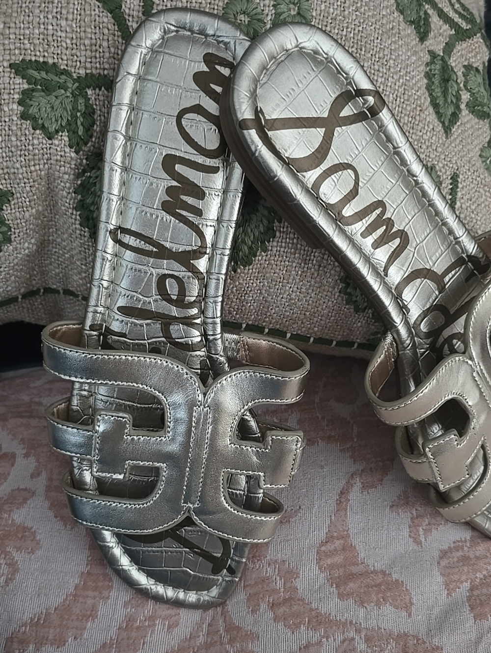 Sam Edelman Silver Croc-Embossed Logo Slide Sandals